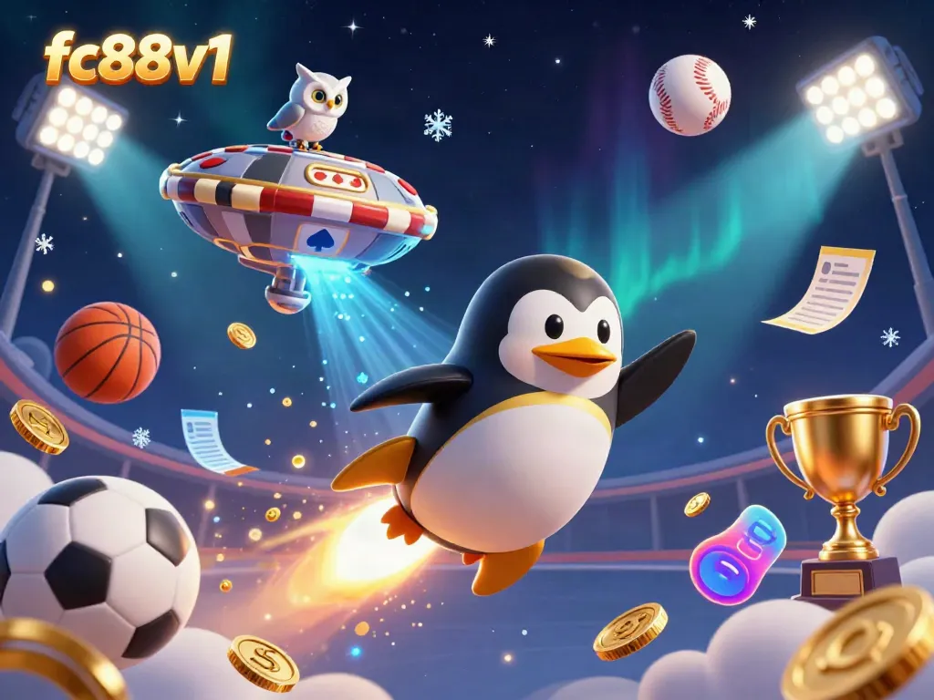 Experience vibrant gaming action at fc88v1 with a golden penguin soaring towards a bright casino space station.