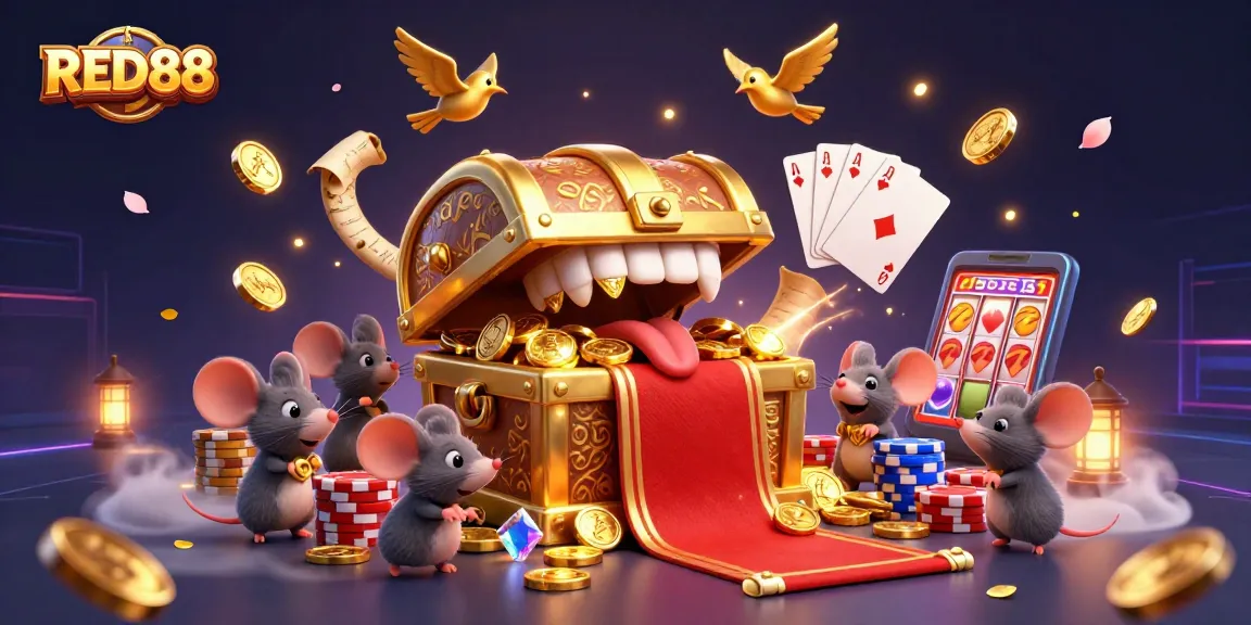 Engaging casino-themed illustration with RED88 brand, featuring a treasure chest, golden coins, and slot reels.