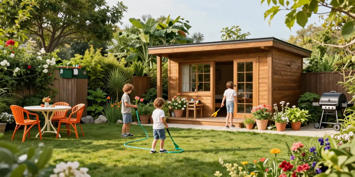 Ein modernes Gartenhaus in einer blühenden Gartenlandschaft, familienfreundliche Atmosphäre.