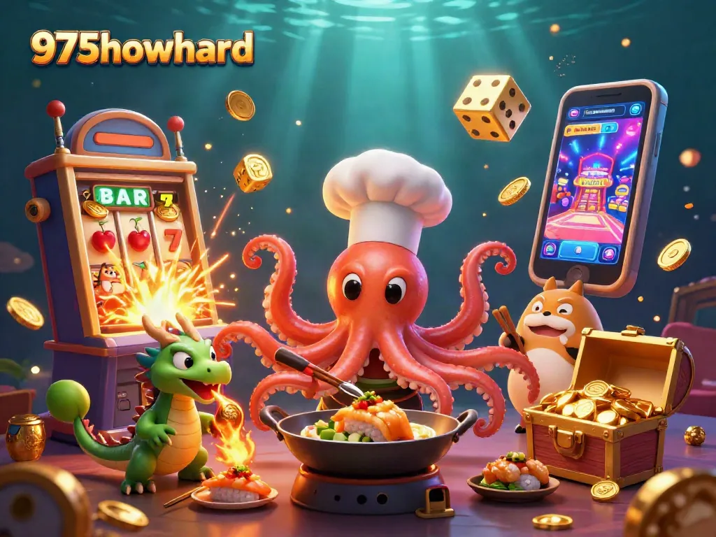 Engage with exciting casino games at 975howard, featuring interactive vibrant characters and a jackpot scene.