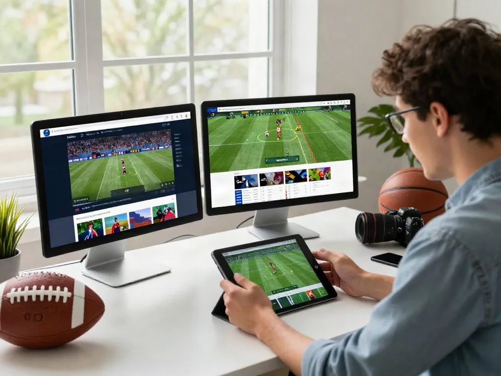 Excited user engaging with the sports betting platform https://nbet.group/ on tablet and computer, showcasing live events and sports memorabilia.