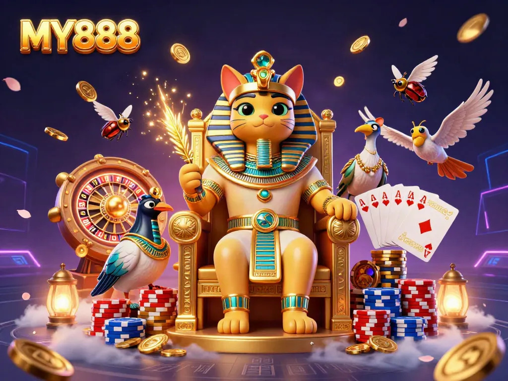 Experience the MY888 online casino with vibrant 3D elements and characters in a dynamic scene.