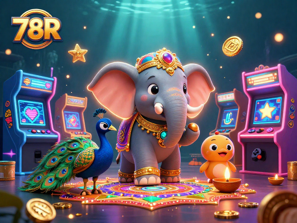 Explore o fabuloso mundo 78R com um elefante de Diwali colorido cercado por máquinas de arcade brilhantes.