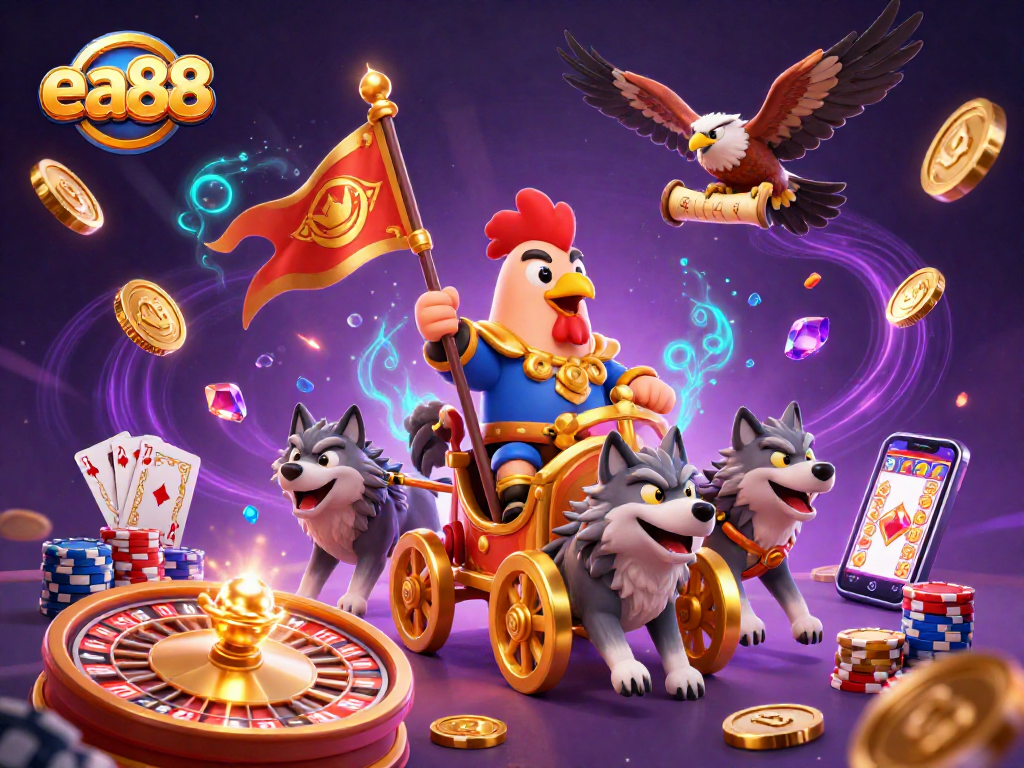 Experience thrilling adventures at ea88 with our 3D rooster warlord commanding a golden chariot amid a vibrant casino atmosphere.
