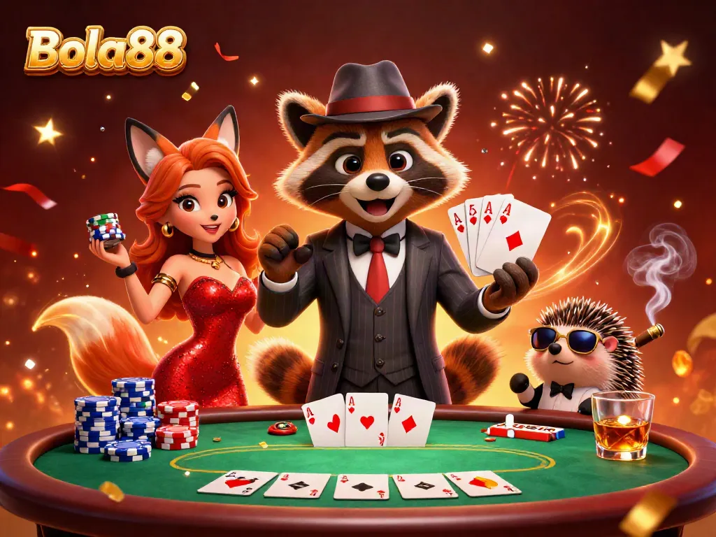 Bola88 promotes a lively casino scene with a raccoon holding cards and colorful poker chips.