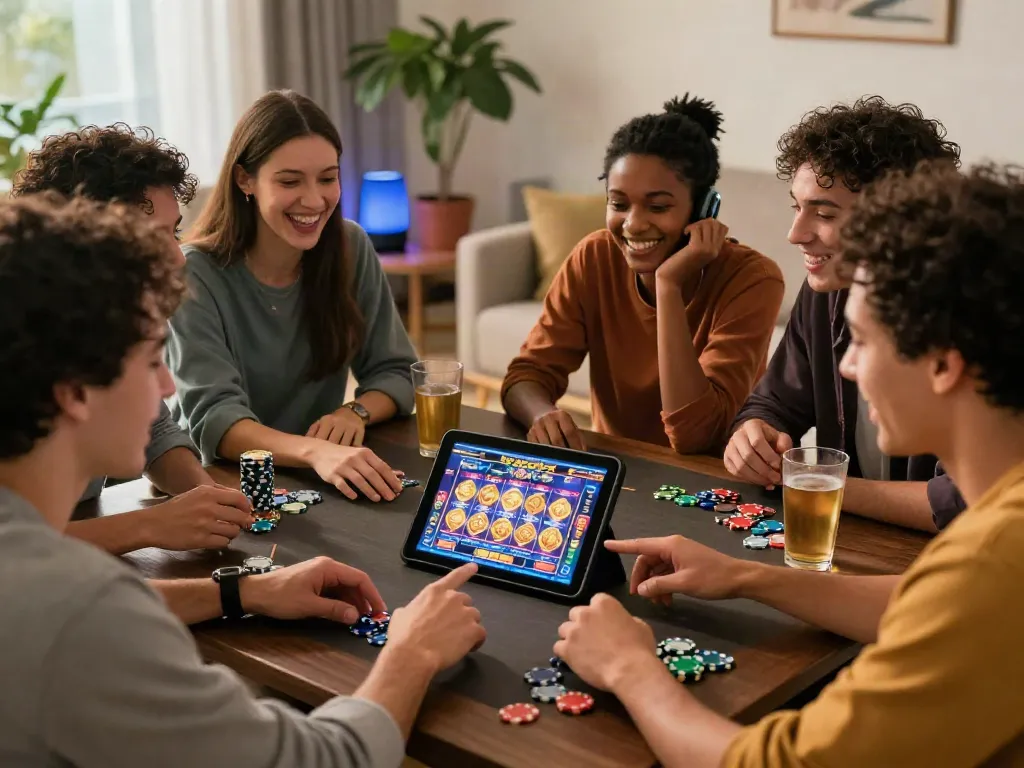 Friends enjoying the excitement of online slots at https://rokok88rtpslot.org in a cozy living room.
