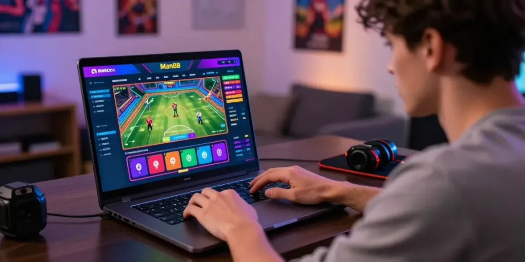 Player engaging with Man88's online betting platform, immersed in sports and casino action.
