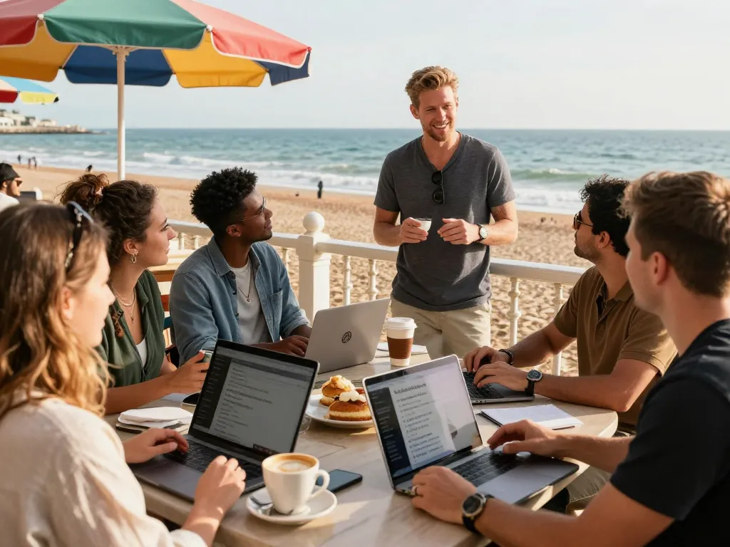Engaged group discussing airbnb management brighton over coffee near the beach.