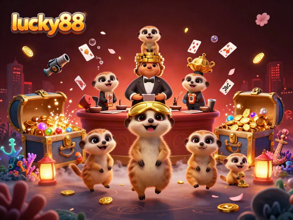 Experience the excitement at lucky88 with meerkats operating a lively casino, surrounded by treasures and vibrant gaming elements.