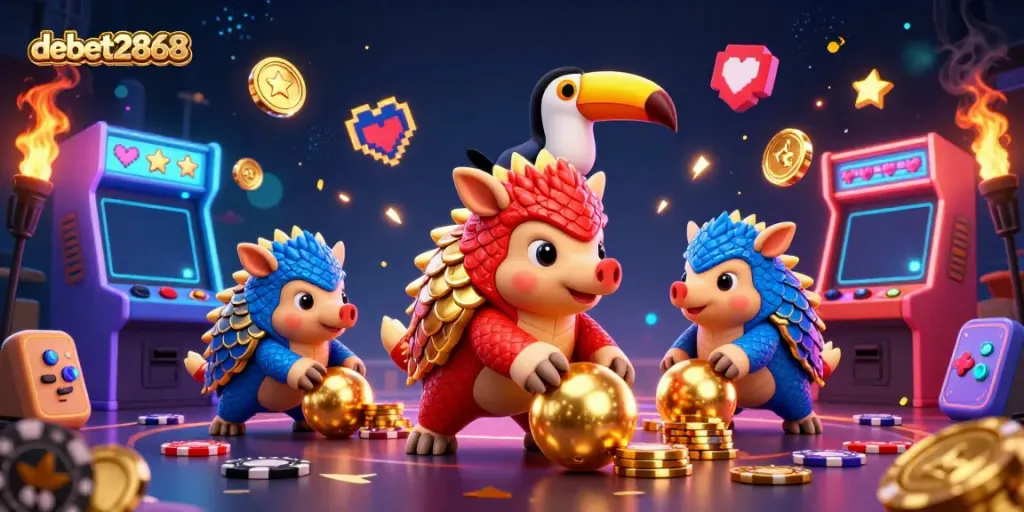 Experience vibrant competition as debet2868's pangolins roll gold balls while celebrating poker successes.