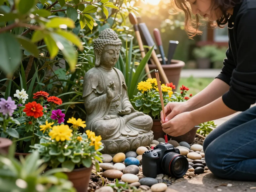 Kaufen Sie eine schöne Buddha-Statue für Ihren Garten, umgeben von lebhaften Blumen und einer friedlichen Atmosphäre.