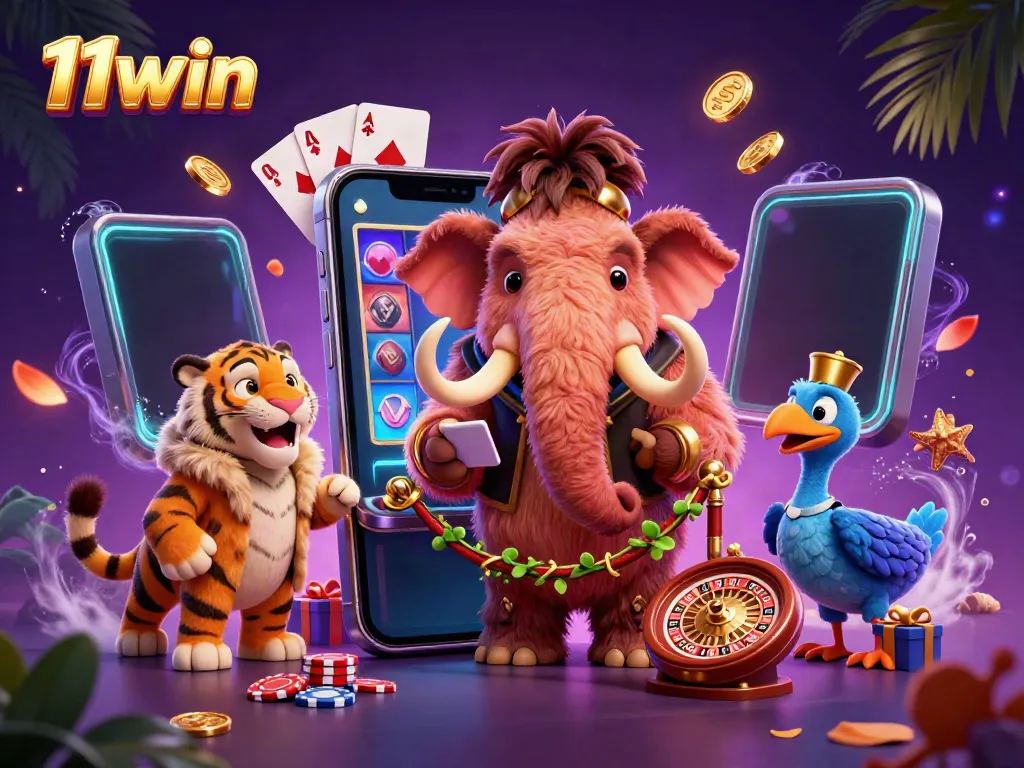 Experience excitement at 11win with plush characters and colorful casino elements in a lively 3D scene.