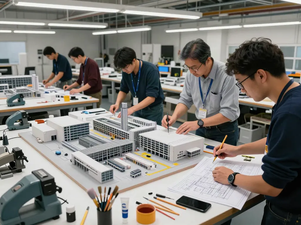 Präzise Industriemodellbau-Szene in einem modernen Designstudio mit kreativen Modellbauern.