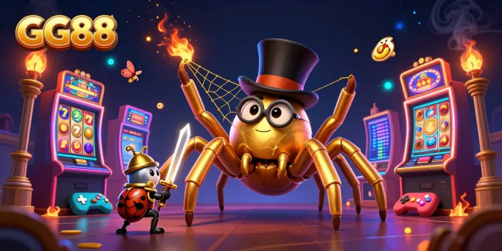 Engaging GG88 slot scene with a golden tarantula character and beetle knight amidst glowing machines.