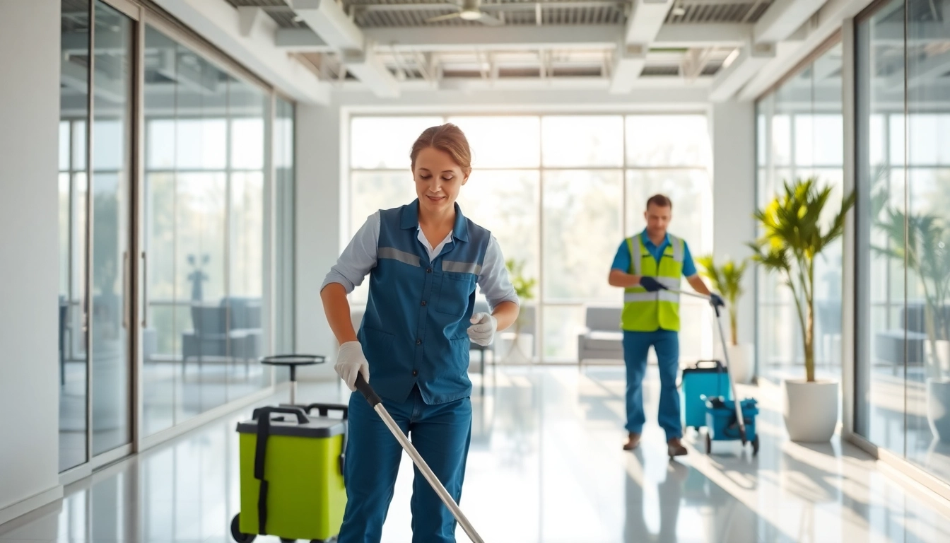 Professionelle Gebäudereinigung Ulm in einem modernen Büro, Mitarbeiter reinigen mit modernen Geräten.