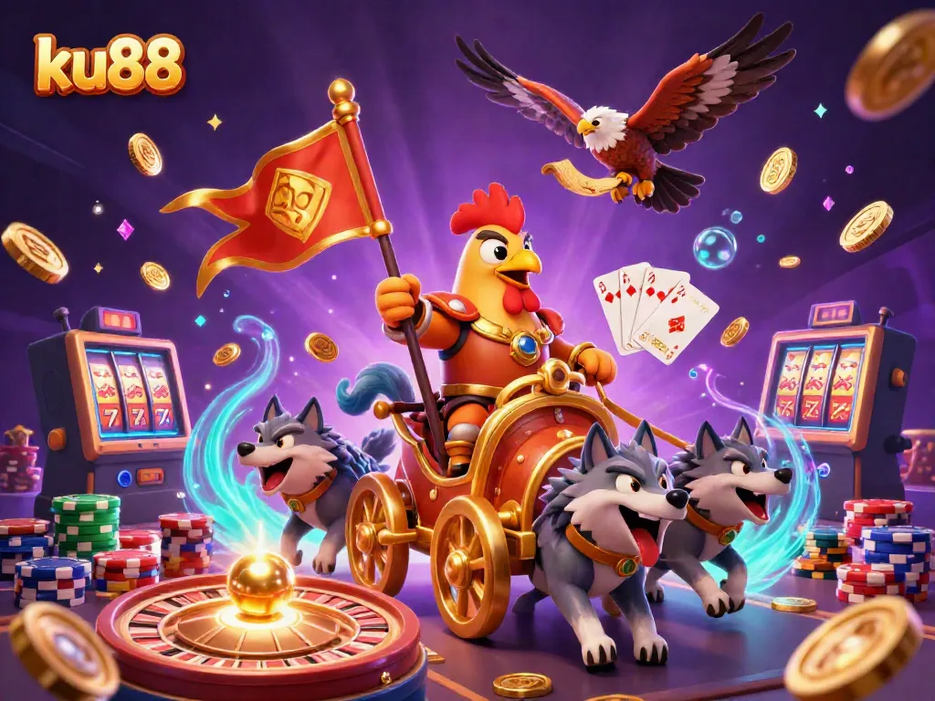 ku88 features a rooster warlord leading a golden chariot in an exciting casino scene.