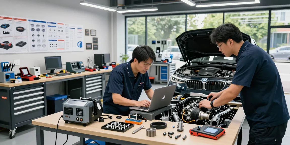 BMW Spezialisten untersuchen leistungsstarke Fahrzeuge in einer professionellen Autowerkstatt.