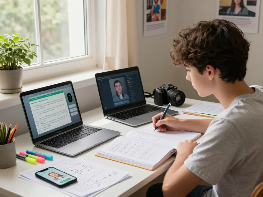 Student, der Hausaufgaben Löser in einem hellen Arbeitszimmer für effektives Erledigen von Hausaufgaben nutzt.