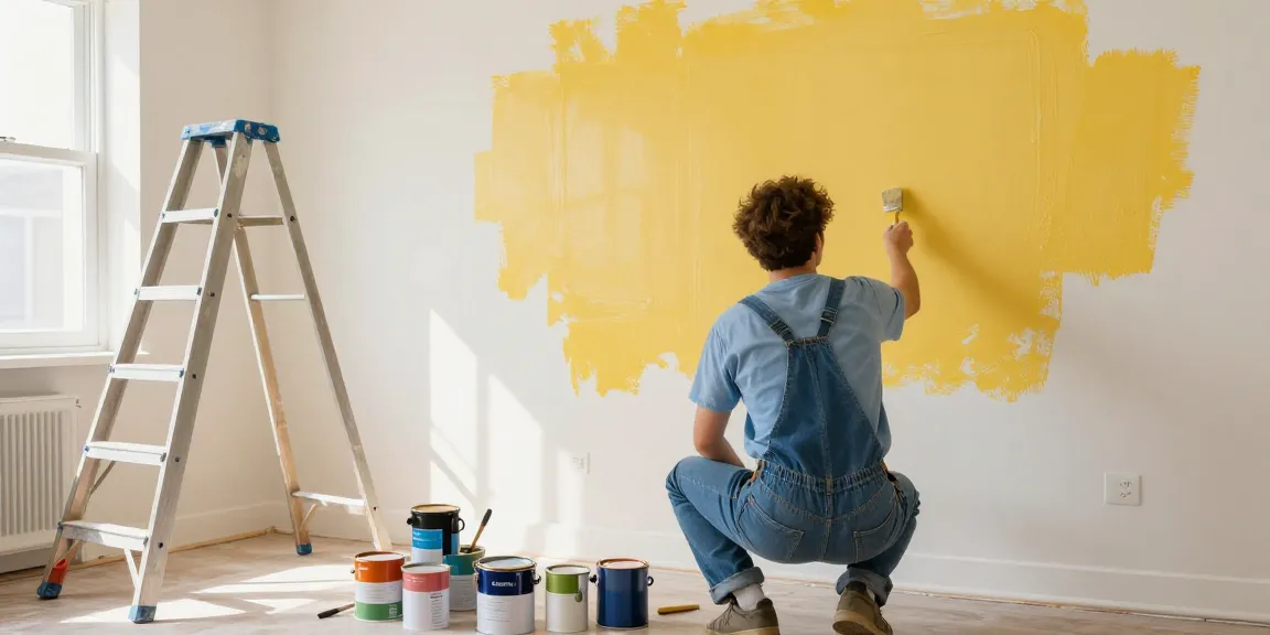 Maler Heidelberg Günstig, professioneller Maler arbeitet in einem hellen Wohnzimmer mit frischer Farbe und Werkzeugen.