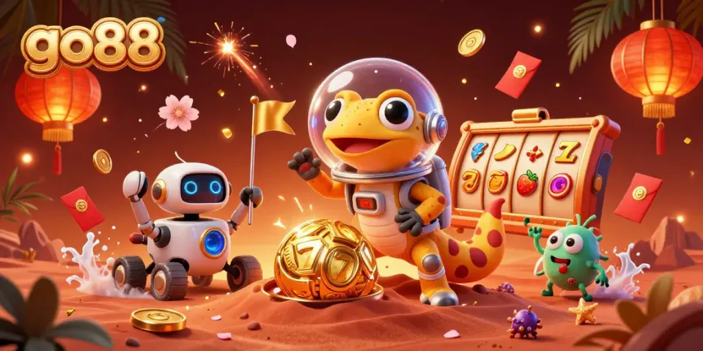 Go88 interactive action scene with Martian gecko and golden casino elements showcasing excitement.