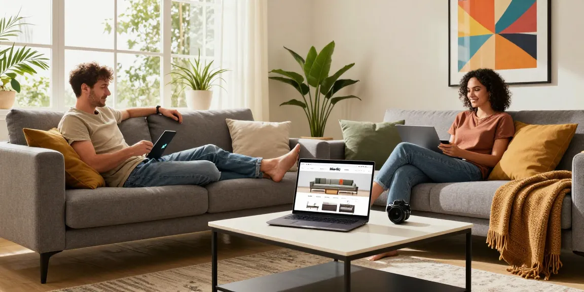 Komfortables Wohnzimmer, das wohnmöbel online kaufen mit modernem Sofa und stilvoller Dekoration festhält.
