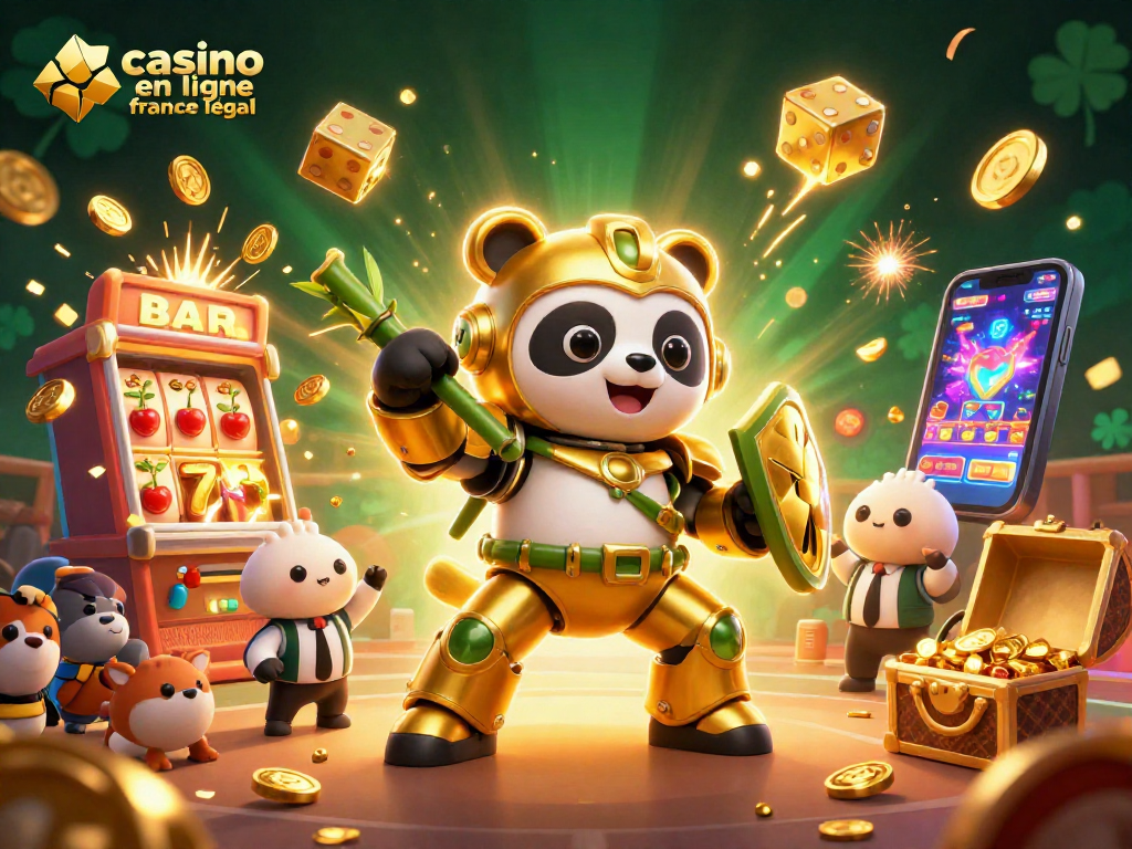 Scène dynamique illustrant des jeux de casino en ligne légaux en France avec un panda doré et une machine à sous