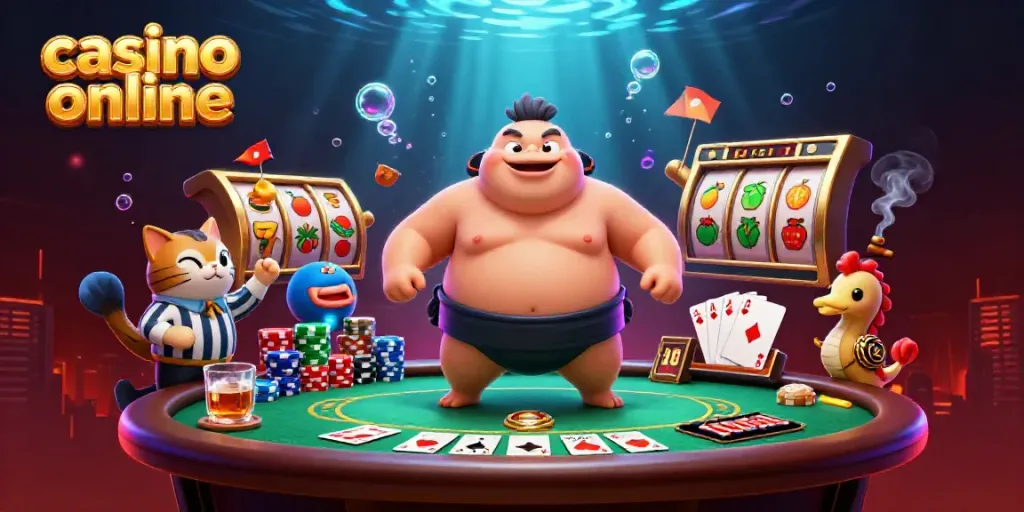 Engage with the vibrant world of casino online, featuring a lively underwater scene with a fugu sumo wrestler and captivating game elements.