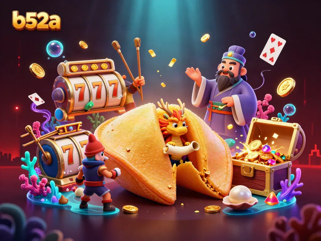 Engage with thrilling gameplay at b52a, featuring a whimsical fortune cookie scene combined with vibrant casino elements.