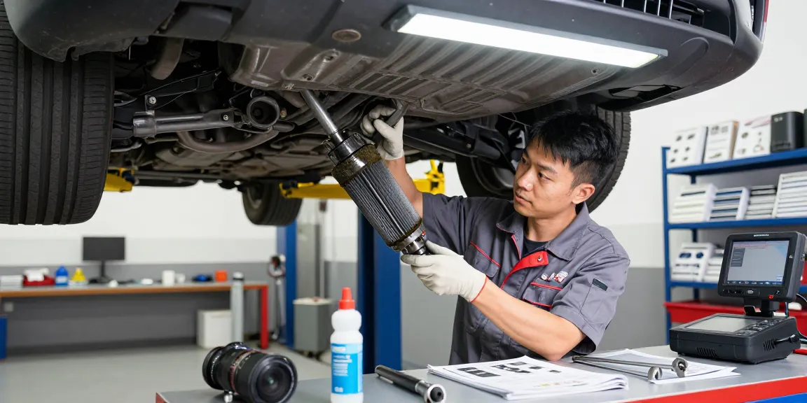 DPF Reinigen Prozess in einer Autowerkstatt mit einem Techniker, der einen Dieselpartikelfilter reinigt, zeigt Werkzeuge und Ausstattung.