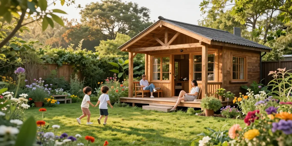 Gartenhäuser von McGarden24 in einem einladenden Garten mit Familie und bunten Blumen.