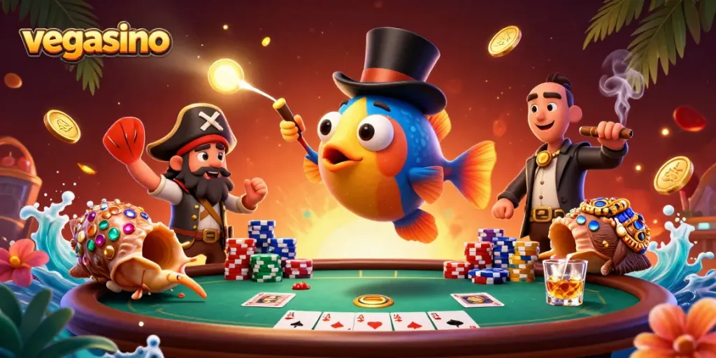 Play and win at Vegasino, experiencing an exciting scene with casino treasures and vibrant elements.