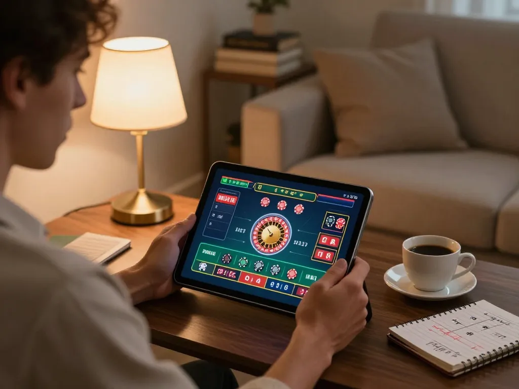 Player enjoying LC88 online gaming session on tablet in cozy living room.