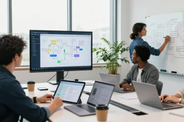 Build internal tools with AI in a modern workspace featuring a collaborative team engaged in productive discussions.